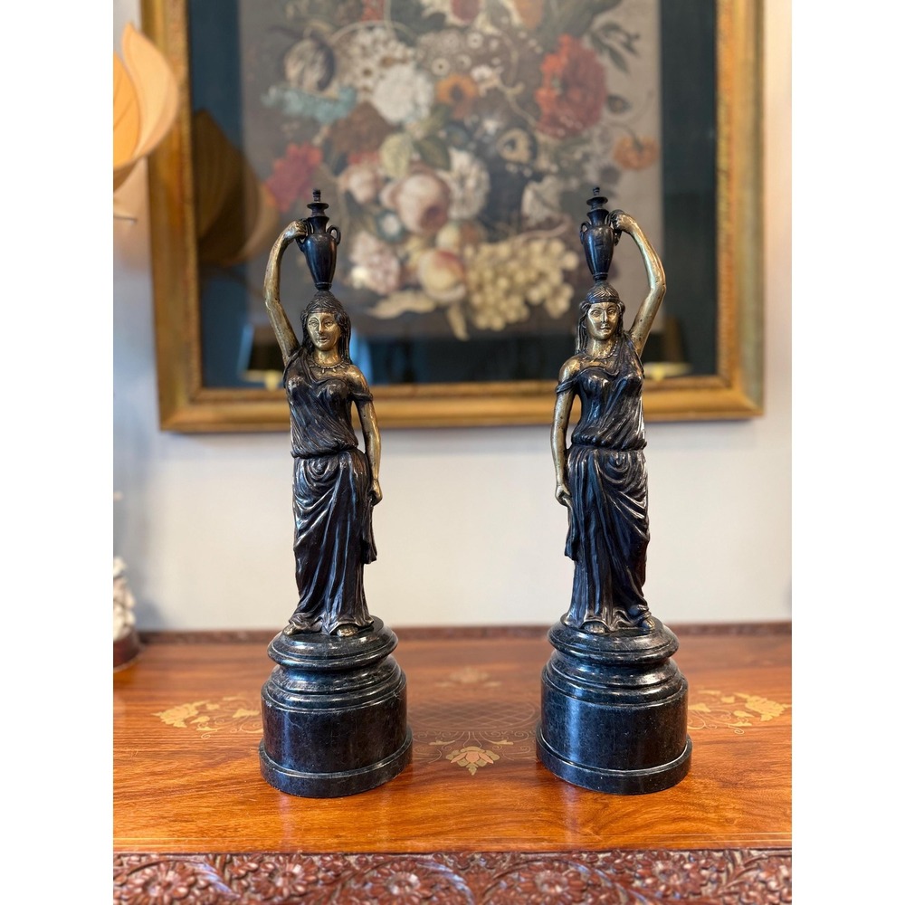 Pair Maitland-Smith Bronze Finish Maiden Sculptures Marble Bases Original Tags